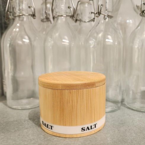 Salt Box Bamboo Salt Container with Swivel Lid and Spoon Small Spice Cellar with Label 8 oz Capacity salt Holder for Countertop with Magnetic to E...