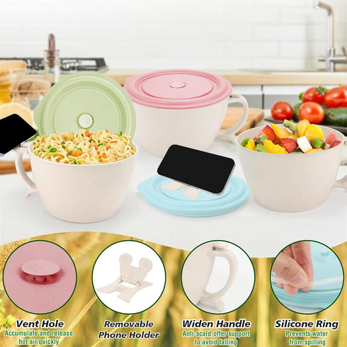 Microwave Ramen Bowl Set, Noodle Bowl With Phone Stand, Large Wheat Straw Soup Mug Bowl with Lid Handle, Dishwasher Safe Ramen Instant Noodles Coo...