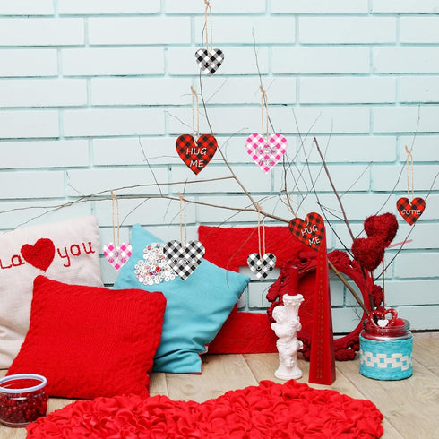 24 Pieces Valentine's Decorations for Tree Heart Shaped Wooden Ornaments Buffalo Check Plaid Wooden Embellishments Red Black Hanging Crafts Wood H...