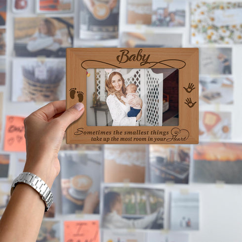 Wood Picture Frame with Wood Stand, Footprint Photo Frame Tabletop Display - Baby, Shelf Desk Decor Gift for Pregnant Mom New Dad Mother-to-be, Ho...