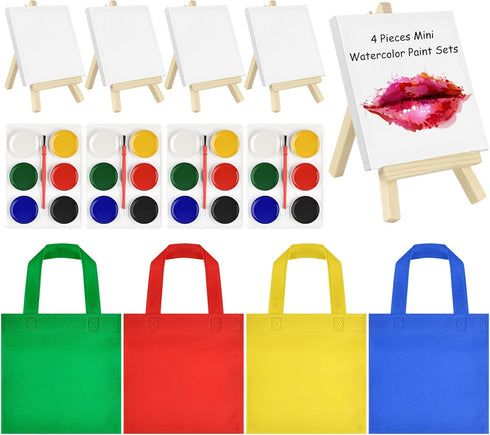 4 Sets Watercolor Paint Party Supplies Mini Paint Canvas and Easel Sets with Mini Watercolor Paint Sets 4x4" Mini Canvas Mini Wooden Easel Waterco...
