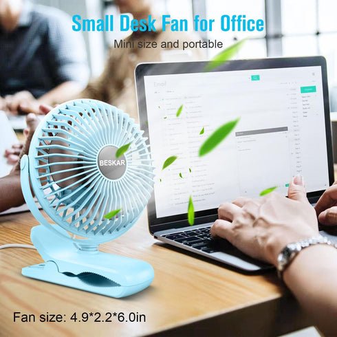 BESKAR Clip on Fan, Portable Small Desk Fans with Strong Airflow, 3 Speeds with Personal Fans Sturdy Clamp, Quiet Desk Fan & Clip Fan with USB Cor...