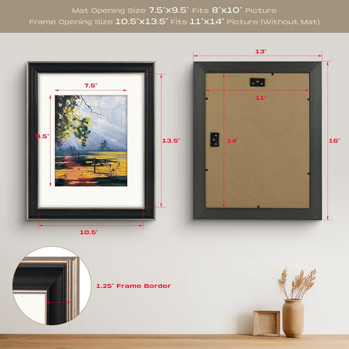 Golden State Art, 11x14 Photo Frame with Mat for Pictures 8x10 and Real Glass (Silver-Beige with Black-Dark Brown Inner Panel & Pewter Panel with ...