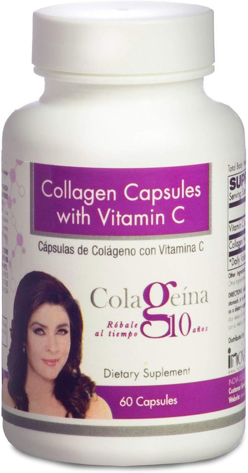 Colageina 10 Hydrolyzed Collagen Capsules with Vitamin C - Anti-Aging Dietary Supplement for Healthy Skin, Hair, Nails, Joints, and Bones - 60 Cou...