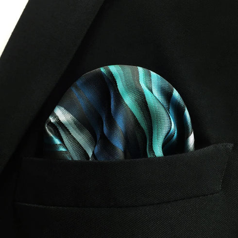 S&W SHLAX&WING Ripple Blue Multicolored Silk Green Silk Pocket Square...