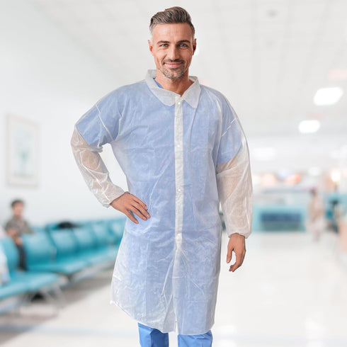AMZ Disposable Lab Coats for Adults, Medium. White Polypropylene Knee Length Lab Coat Disposable. 30 GSM PPE Coat with 4 Snaps and Elastic Wrists....