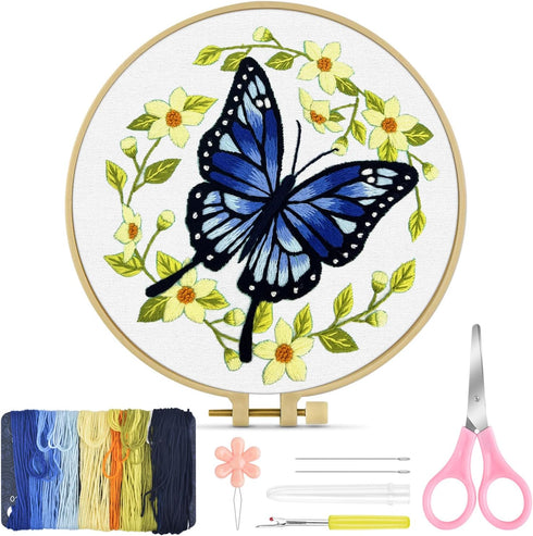 TINDTOP Embroidery Kit for Beginners Adult, Butterfly Embroidery Kit for Beginners Include Embroidery Cloth Hoops Threads for Craft Lover Hand Sti...