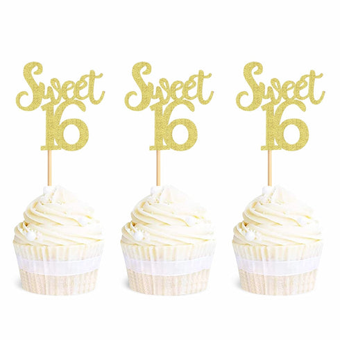 Ercadio 24 Pack Sweet 16 Cupcake Toppers Gold Glitter Age Sixteen Cupcake Picks Anniversary 16th Kids Birthday Party Cake Decors...