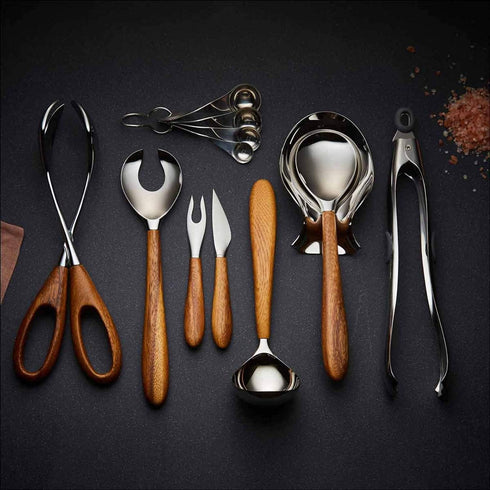 nambe Curvo Kitchen Ladle | 12.5 Inch Ladle for Serving Soups, Stews, and Sauces | Made of Stainless Steel and Acacia Wood | Designed by Steve Coz...