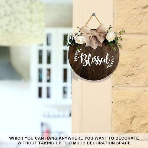 Blessed Farmhouse Welcome Sign, Round Wood Hanging Door Decor with Ribbon Bow and Artificial Greenery, Rustic Front Porch Wreath for Thanksgiving,...