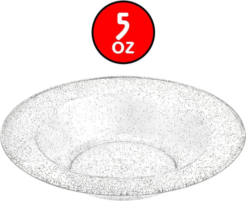 Glitter Silver Premium Plastic Round Dessert Bowl - 5 oz (12 Packs of 10) - Elegant Durable Plastic, Ideal for Weddings, Parties & Events (120)...