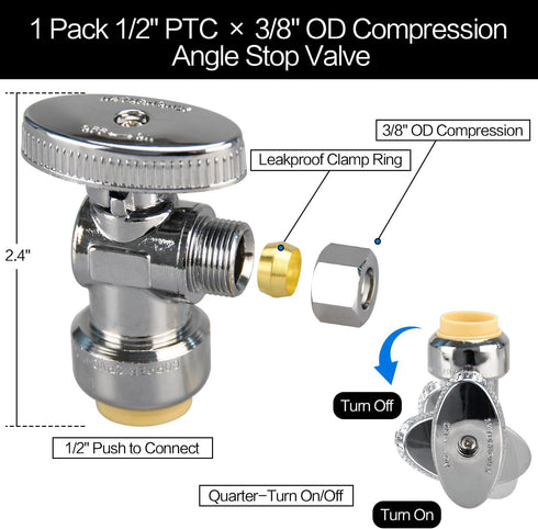 1/2/5/10/20pcs Stop Valves, 1/2" × 3/8" Angle Stop Valve, 1/2" PTC Input, 3/8" OD Compression Output, Push to Connect, 1/4 Turn, Chrome Plated Bra...