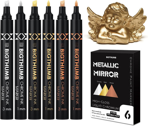 6Pcs Liquid Chrome Paint Markers, Dual Tips Gloss Mirror Marker, Oil-based Permanent Chrome Maker, Reflective Metallic Pen Markers for Repairing, ...