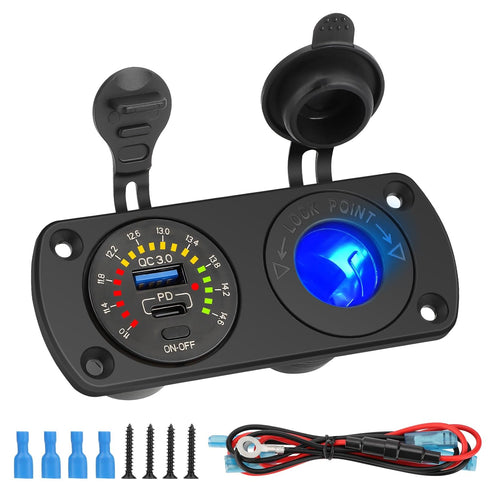 Linkstyle 12V USB Outlet, QC3.0 USB-A Port, PD USB-C Port, Cigarette Lighter Socket with Voltmete Switch, Outlet Socket Panel for Car Boat...