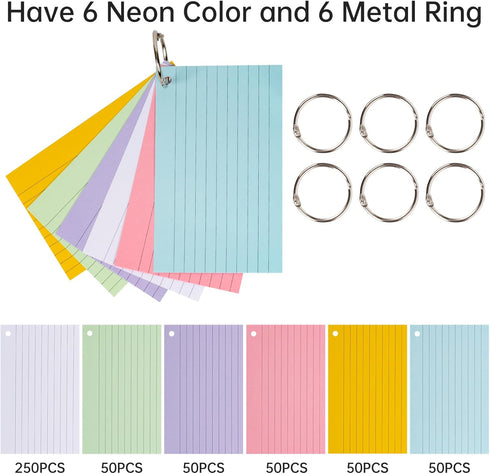 500 PCS Index Cards 3×5, Blank Flash Cards Line Index Cards with Ring, Neon Colored Note Cards, Ruled Study Cards for School Office Home Supplies...