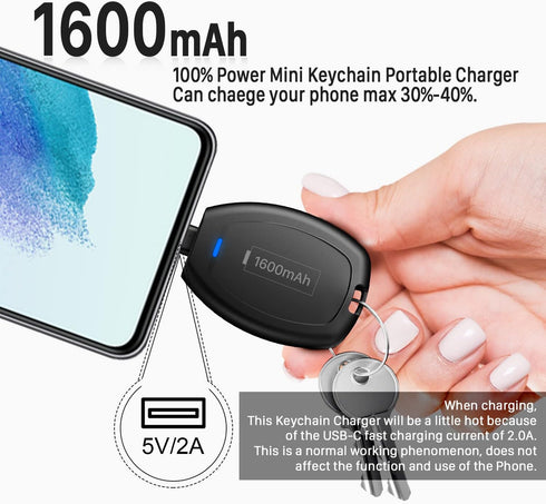 USB C Keychain Portable Charger Power Bank Compatible with iPhone 15/15 Plus/15 Pro/15 Pro Max, 1600mAh Mini Type-C Power Emergency Pod Ultra-Comp...