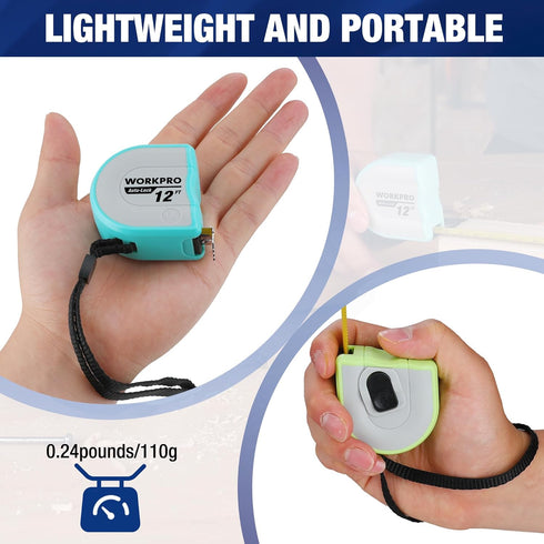 WORKPRO Mini Tape Measure, 3 Pcs 12FT Auto-Lock Easy Reading Tape Measurement, Inch/Metric Scale Pocket Size Small Tape Measure for Engineer, Port...