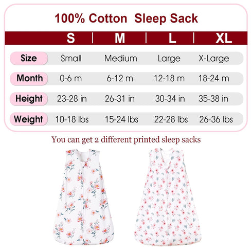 PHF 100% Cotton Baby Sleep Sack, 2-Way Zipper Baby Wearable Blanket, 12-18 Months TOG 0.5 Toddler Sleeping Sack, 2 Pack Sleeveless Soft Sleeping B...