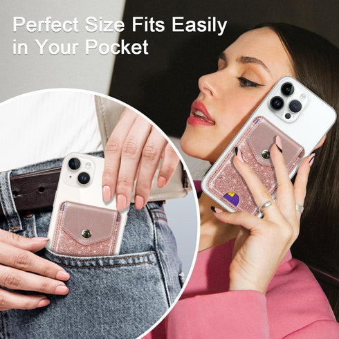 Self Adhesive Card Holders for Back of Phone, Cute Leather RFID Phone Wallet Pockets with Snap, Slim Card Holders Sleeve for Phone Case, Glitter R...