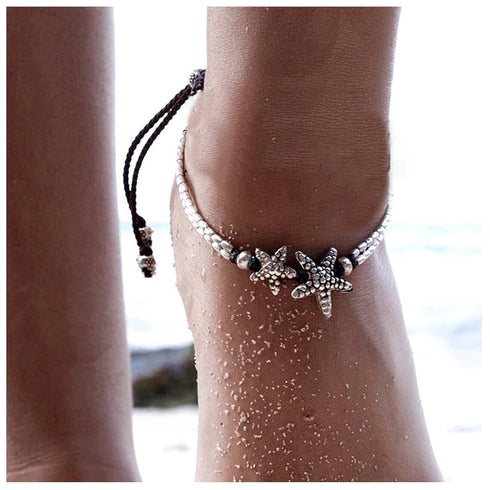 Boho Starfish Anklet Bracelet Beach Woven Anklet Chain Layered Silver Star Woven Ankle Chain Bracelets Vintage Starfish Foot Chain Jewelry for Wom...
