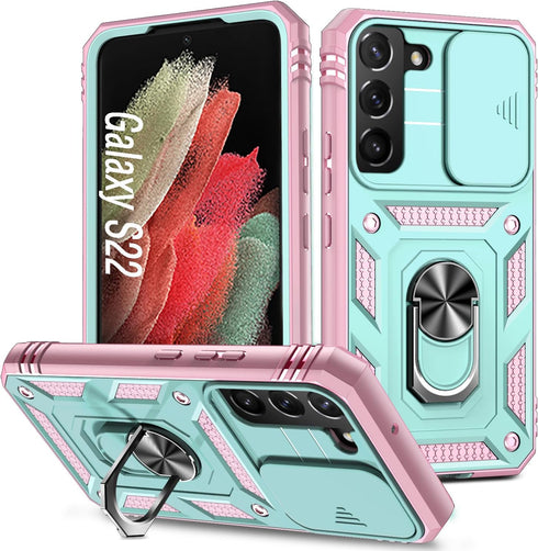 Case for Galaxy S22, Shockproof Impact Resistant with Slide Lens Protective Cover Case for Samsung Galaxy S22 4G/5G 6.1 inch (Pink Green)...