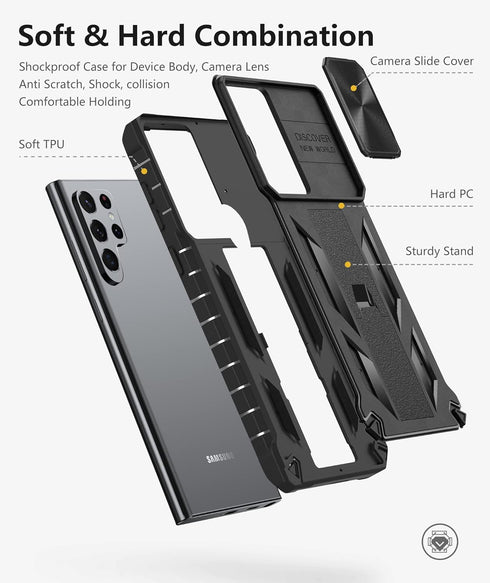 Case for Samsung Galaxy S22 Ultra 5G: Military Grade Drop Proof Rugged Protective Phone Cover with Built-in Kickstand & Slide |Shockproof Bumper P...