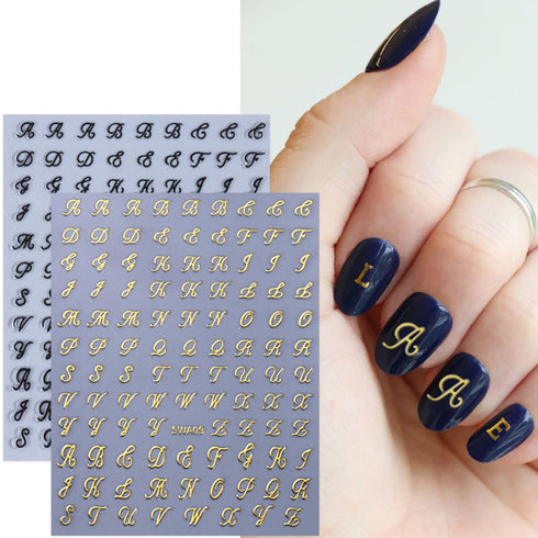 8 Sheets Retro English Letters Nail Stickers for Nail Art - Black White Gold Silver Retro English Nail Art Decals 3D Self-Adhesive Letter Nail Sti...