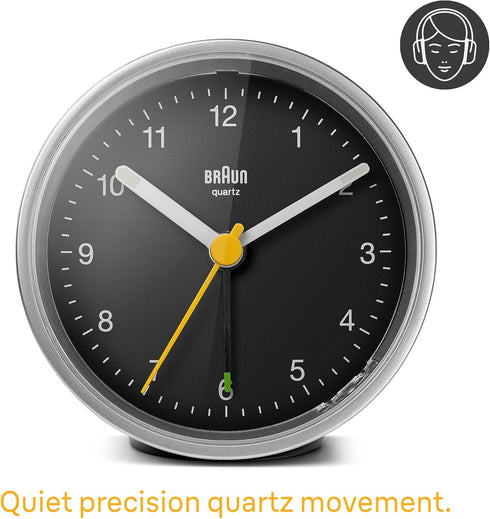 Braun Classic Analogue Alarm Clock with Snooze and Light, Quiet Quartz Movement, Crescendo Beep Alarm in Black and Silver, Model BC12SB....