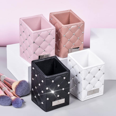 LORYP Makeup Brush Holder Crystal Brushes Cup Pink PU Make up Brush Case Bag Storage for Women...