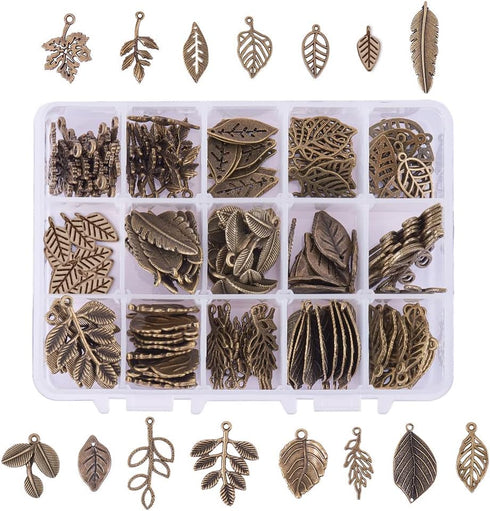 PH PandaHall 150pcs 15 Styles Tree Leaf Charms Pendants, Tibetan Branch Leaves Charms Metal Alloy Leaf Beads Antique Bronze Dangle Charm for Fall ...