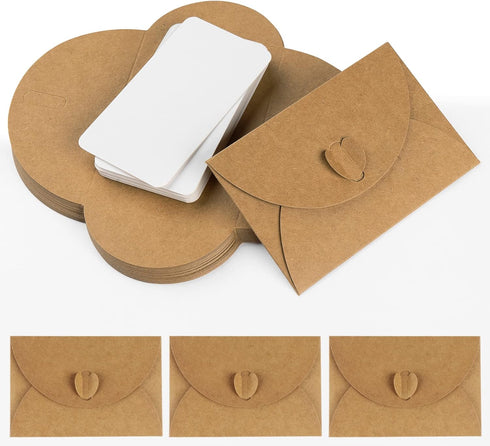 ABSOFINE 25 Pcs Mini Envelopes with Heart Shaped Clasp,Mini Kraft Paper Envelopes, Small Envelope with Blank Cards for Business Card, Weddings Fav...