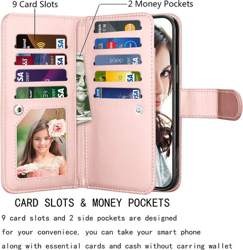 Njjex iPhone 12 Mini Wallet Case (2020) - 9 Card Slots, PU Leather, Detachable Kickstand, Magnetic Cover & Lanyard, Rose Gold...