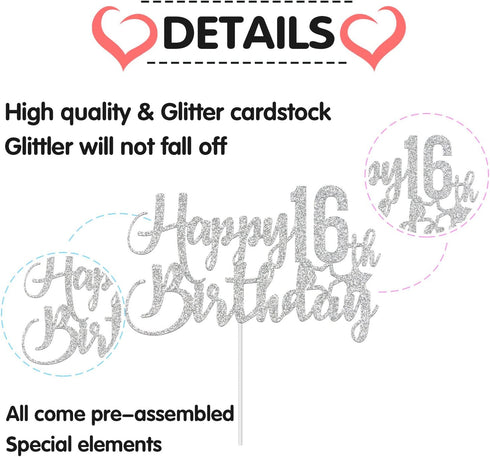 Silver Glitter Happy 16th Birthday Cake Topper - 16th Birthday Cake Topper, 16th Birthday Party Decoration...
