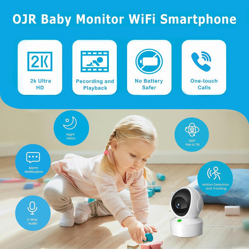 OJR 2K HD Video Baby Monitor with Camera and Audio, 2.4G & 5G WiFi Baby Monitor for Smartphone, One-Touch Calls, Night Vision, Motion Detection/Tr...