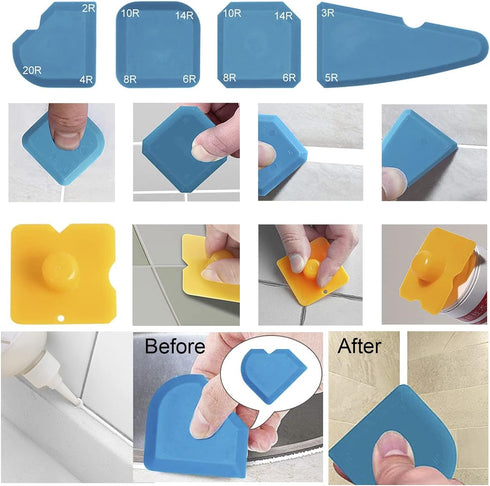 Silicone Caulking Tool, 5 in 1 Caulking Sealant Finishing Tool with Grout Scraper, 6 Exchange Silicone Pads, Adhesive Residue Scraper Seam Repair ...