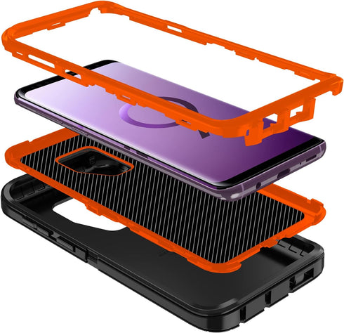 for Galaxy S9 Case, Heavy Duty Shockproof Dust/Drop Proof 3 Layer Full Body Protection Rugged Cover Case for Galaxy S9, Black/Orange...