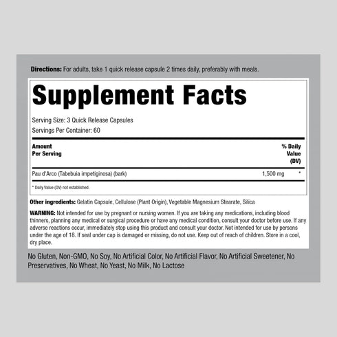 Piping Rock Pau d'Arco Capsules | 1500mg | 180 Count | Inner Bark | Herbal Extract Supplement | Non-GMO, Gluten Free...