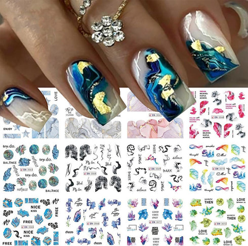 12 Sheets Marble Nail Water Transfer Stickers Colorful Marble Patterns Nail Design Nail Art Stickers Irregular Wave Geometry Line Sliders Nail Dec...