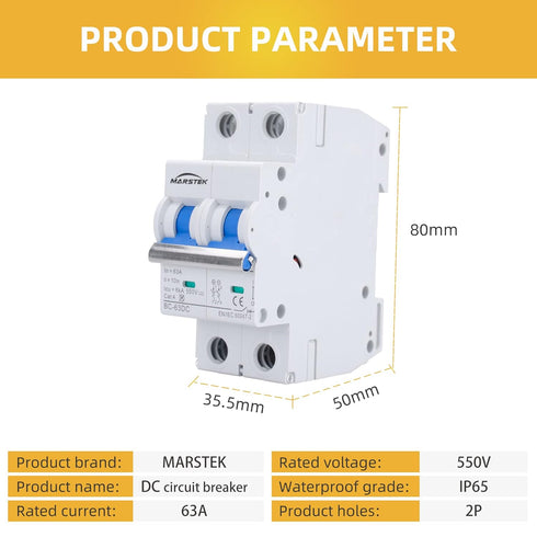 Circuit Breaker, DC Circuit Breaker 2 Pole 500v 63 Amp for Solar PV System, Solar Disconnect Switch with Double Thickening Handle, Din Rail Mount ...