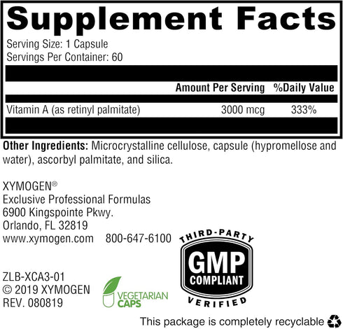 XYMOGEN Xcellent A 3000-10,000 IU High-Potency Vitamin A Supplement (Retinyl Palmitate) - Supports Healthy Immune Function, Healthy Skin + Mucous ...