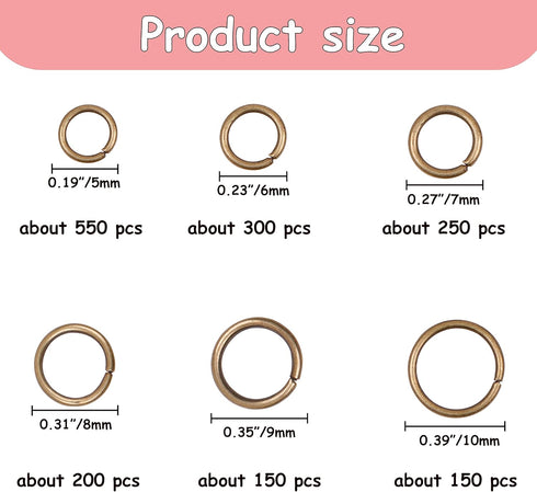 YAKA 1600Pcs 6 Different Sizes Open Jump Rings,5mm 6mm 7mm 8mm 9mm 10mm Ring Jewelry Keychain for Jewelry Making Accessories,1Pcs Jump Ring Open/C...