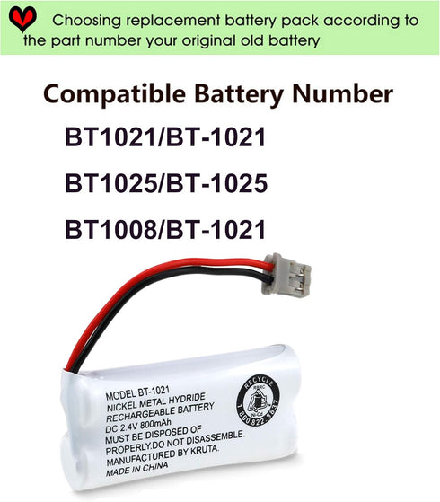 Kruta BT-1021 BBTG0798001 Compatible with Uniden BT-1021 BT1021 BT-1008 BT-1016 BT-1025 2.4V 800mAh Cordless Handset Phone Rechargeable Replacemen...