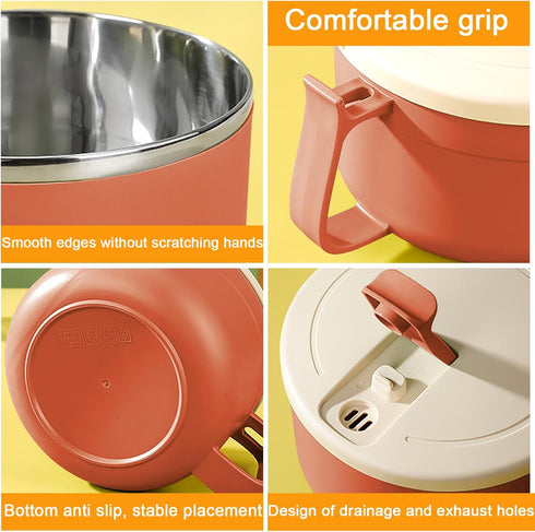 Microwave Ramen Bowl with Handles,304 Stainless Steel Liner Bowl, Microwavable Soup Mug with Lid Large Soup Cups for Ramen Noodle Cereal,42 oz (Or...