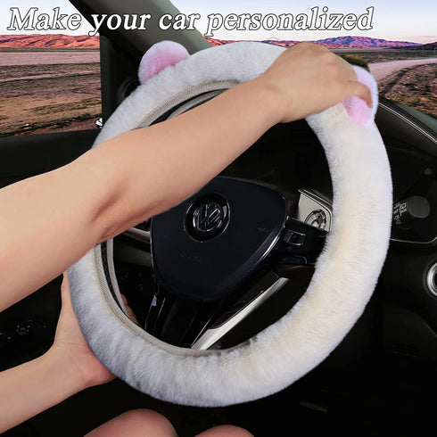 Cartoon Cute Fluffy Steering Wheel Cover for Women Girls,JXJKMMN Furry Ear Steering Wheel Cover Winter Warm Fuzzy Car Steering Wheel Cover Lovely ...