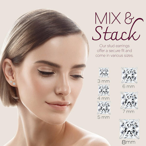 14k White Gold Princess Cut CZ Stud Earrings Real Gold Cubic Zirconia Studs with Solid Gold Backs Square...