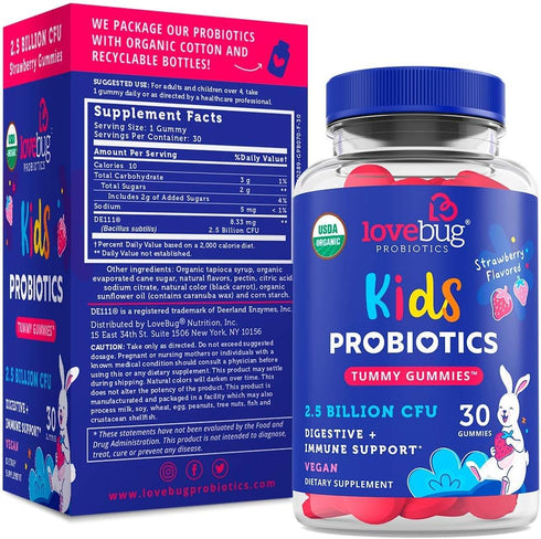 Lovebug Award Winning USDA Organic Probiotic Gummies for Kids | Soil-Based Probiotic | Vegan | Ages 3+ | Natural Fruit Strawberry Flavor | 30 Gumm...