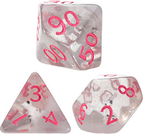 Gate Keeper Games and Dice: Inclusion Dice: Cat Dice - 7pc RPG Set, Grey w/ White Kitten Figure, Pink Numerals, 7 Resin Dice for Role Playing Game...