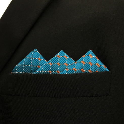 SHLAX&WING Blue Mens Pocket Square Silk Hanky Checkered 12.6 inches Large Size...