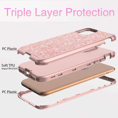 Coolwee Glitter Full Protective Case for iPhone 11 Heavy Duty Hybrid 3 in 1 Rugged Shockproof Women Girls Rose Gold for iPhone 11 6.1 inch Shiny B...