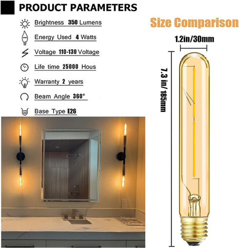 Leools E26 LED Bulb Dimmable 4W led Bulb Equal 40 Watt Light Bulb Warm White 2500K Amber Edison Bulb AC120V 350lm T10 led Bulb for Rustic Pendant,...